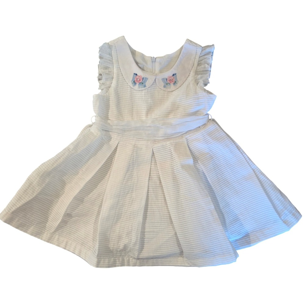 Balloon Chic Girls White Embroidered Rose Peter Pan Collar Pleated Dress Size 3A